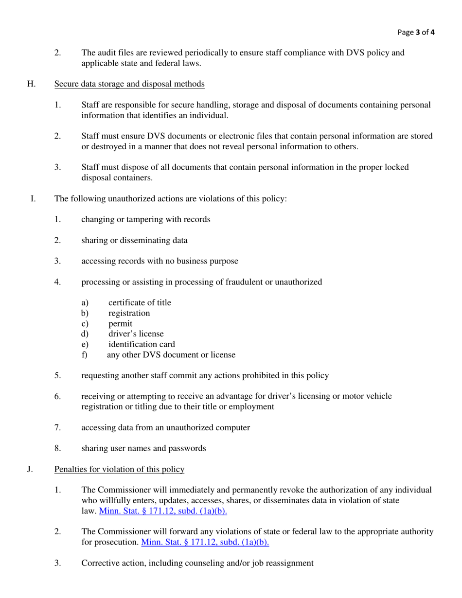 Security  Confidentiality of Data  Records Dvs Data Access Attestation Statement - Minnesota, Page 3