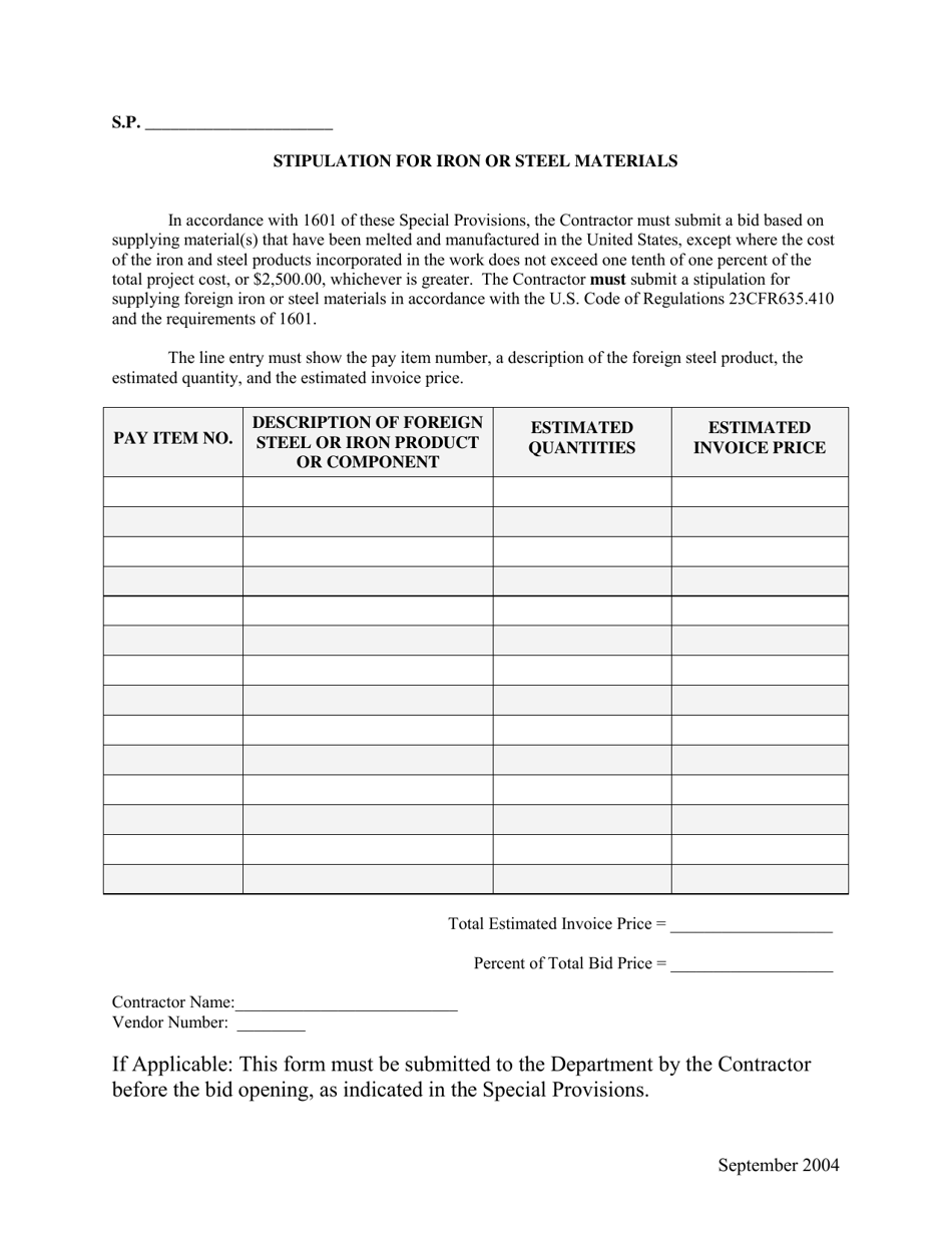 Stipulation for Foreign Iron or Steel Materials - Minnesota, Page 1