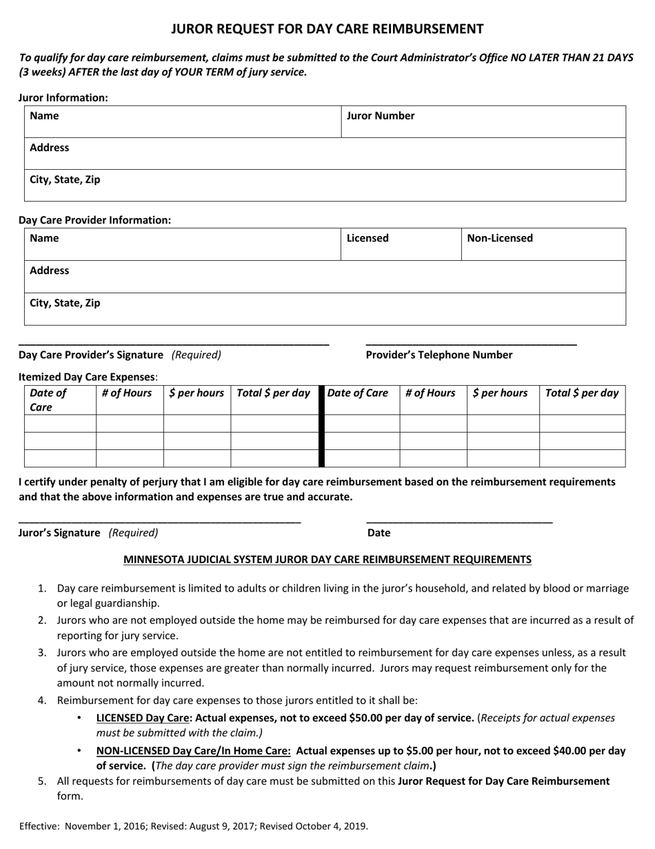 Juror Request for Day Care Reimbursement - Minnesota, Page 1