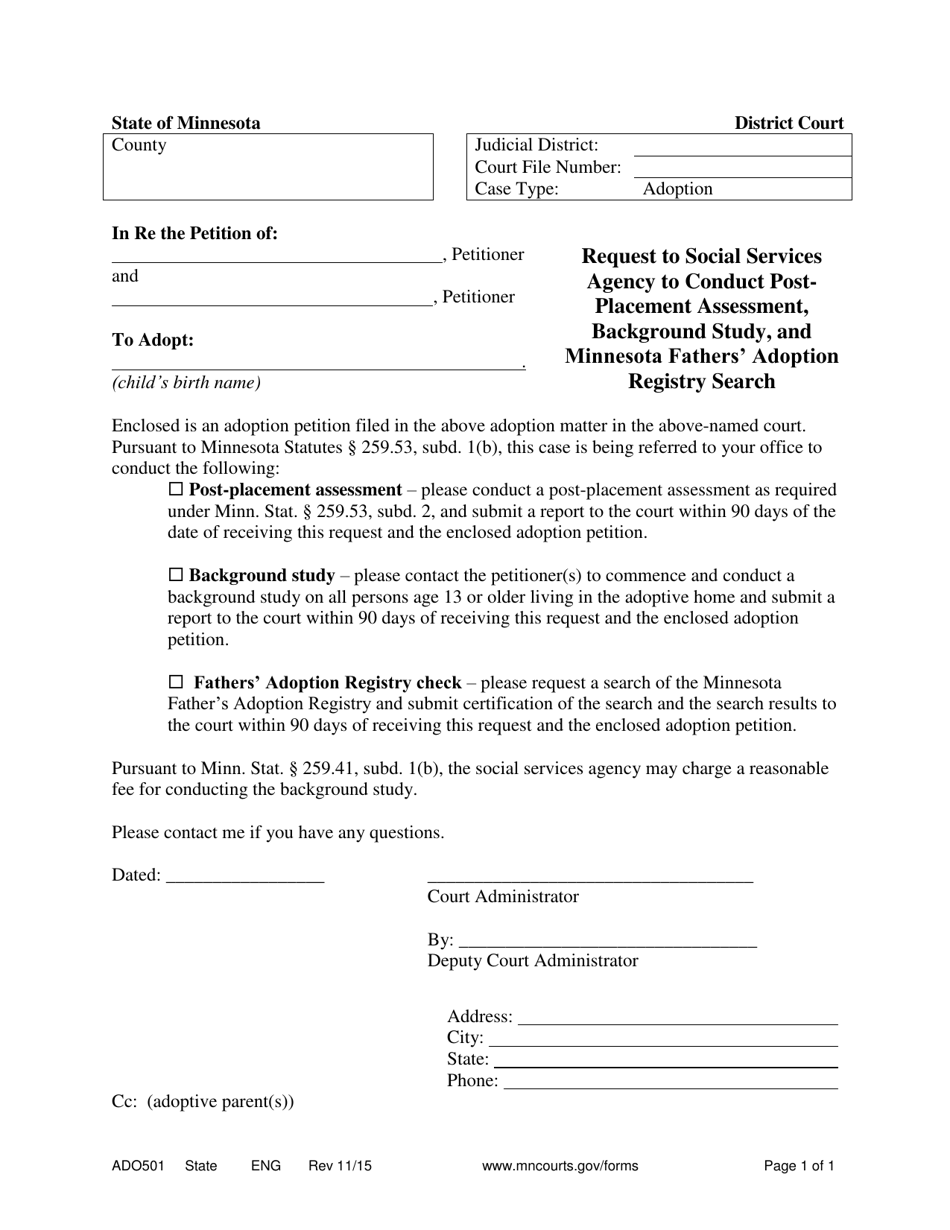 Form ADO501 Request for Post-placement Assessment and Report - Minnesota, Page 1