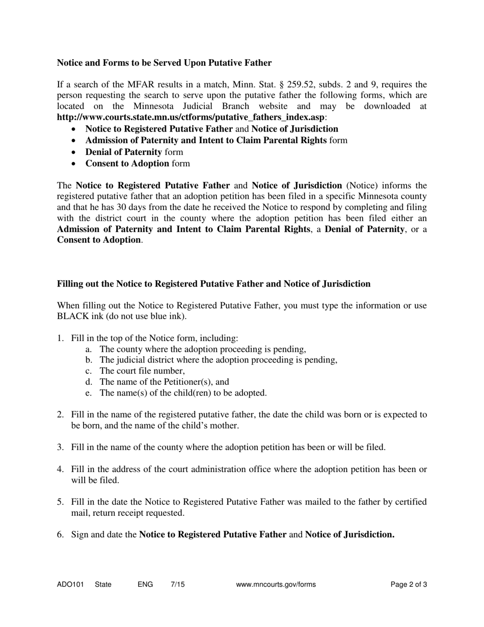 Form ADO101 Instructions for Requesting Search of Minnesota Fathers Adoption Registry and Sending Notice and Forms to Putative Father if Match Identified - Minnesota, Page 2