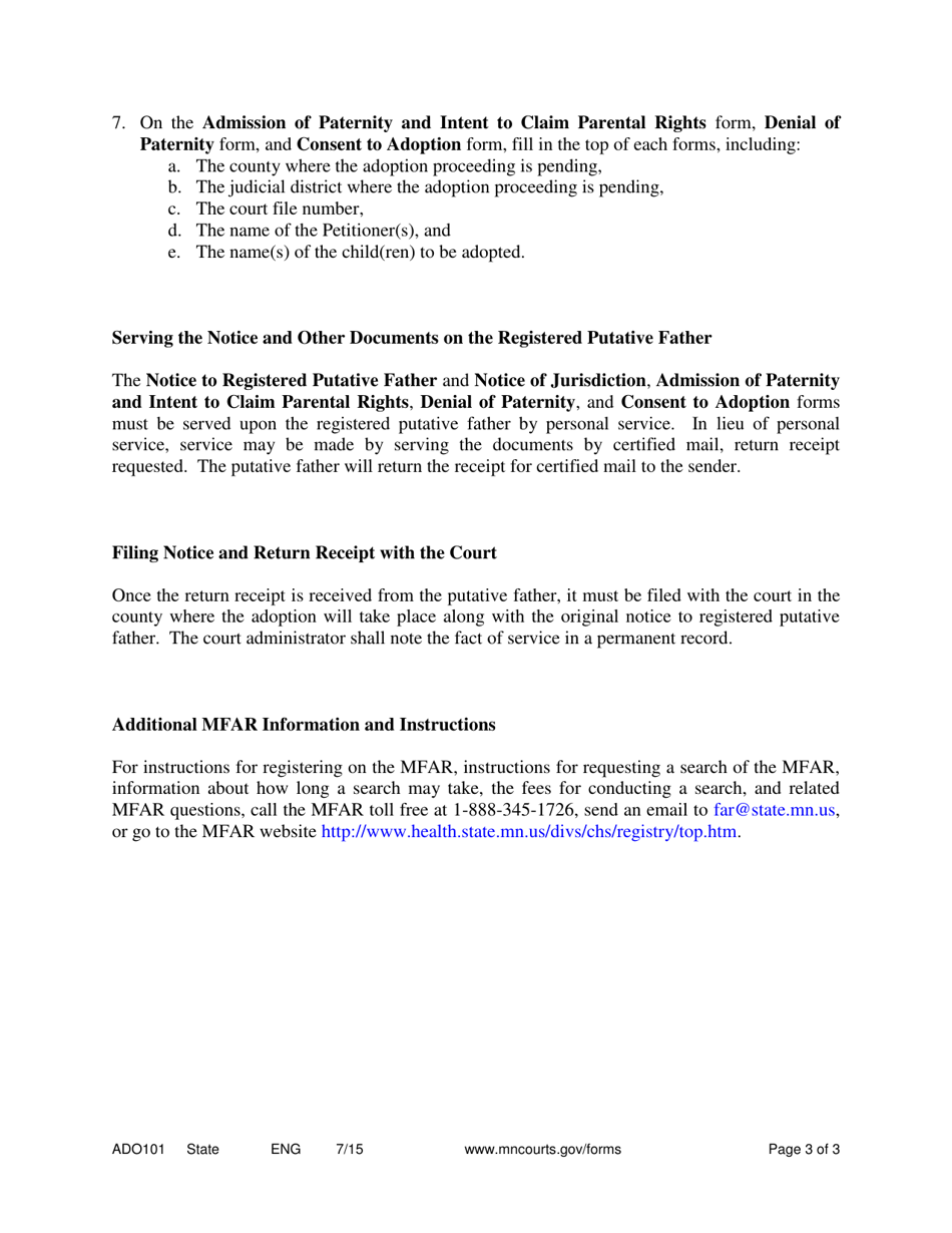 Form ADO101 Instructions for Requesting Search of Minnesota Fathers Adoption Registry and Sending Notice and Forms to Putative Father if Match Identified - Minnesota, Page 3
