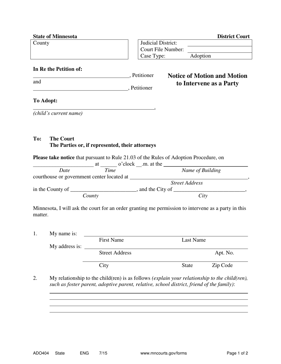 Form ADO404 Notice of Motion and Motion to Intervene as a Party - Minnesota, Page 1