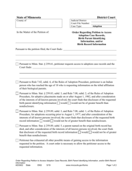 Document preview: Form ADO602 Order Regarding Petition to Access Adoption Case Records, Birth Parent Identifying Information, and/or Birth Record Information - Minnesota