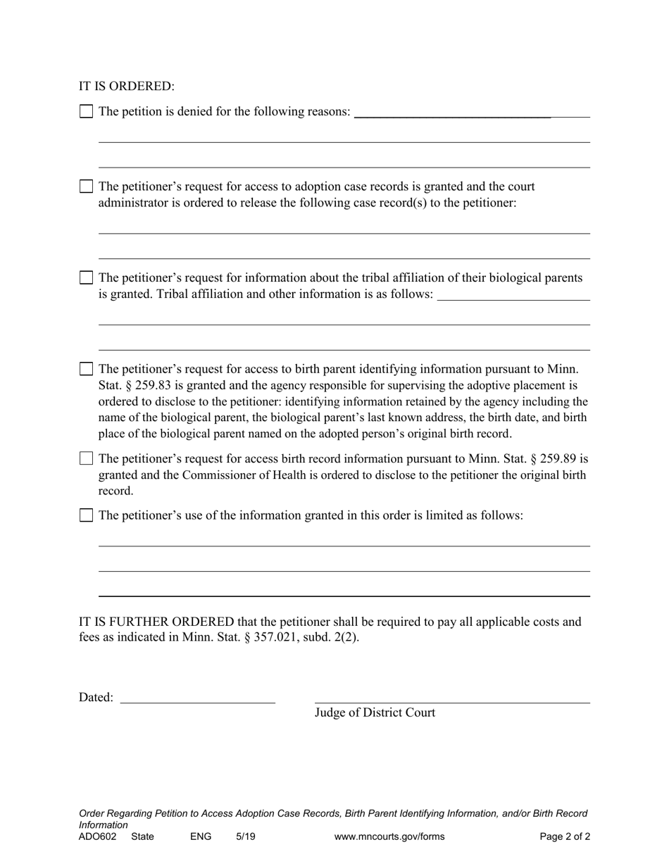 Form ADO602 Order Regarding Petition to Access Adoption Case Records, Birth Parent Identifying Information, and / or Birth Record Information - Minnesota, Page 2