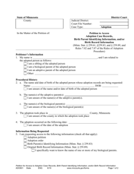 Form ADO601 Petition to Access Adoption Case Records, Birth Parent Identifying Information, and/or Birth Record Information - Minnesota