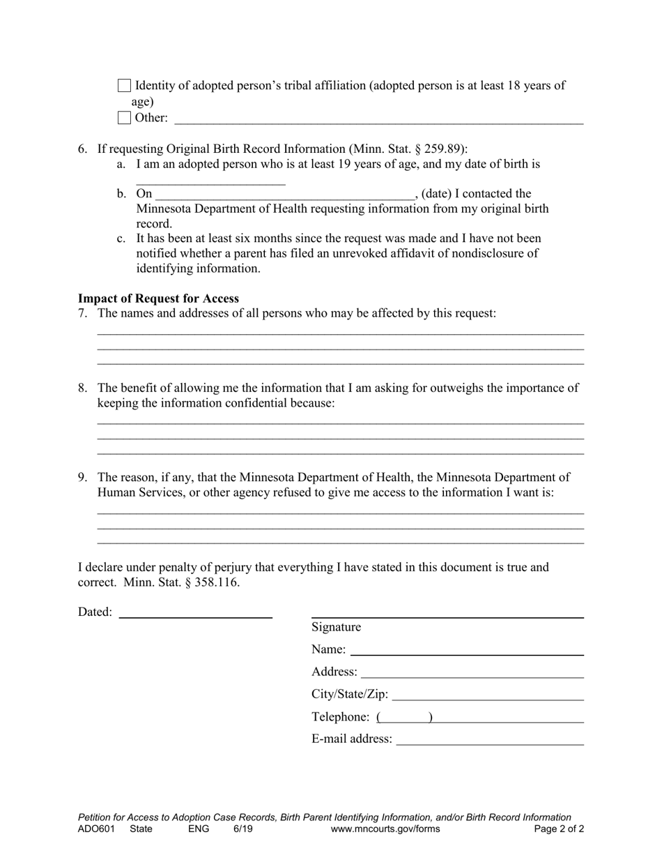 Form ADO601 Petition to Access Adoption Case Records, Birth Parent Identifying Information, and / or Birth Record Information - Minnesota, Page 2