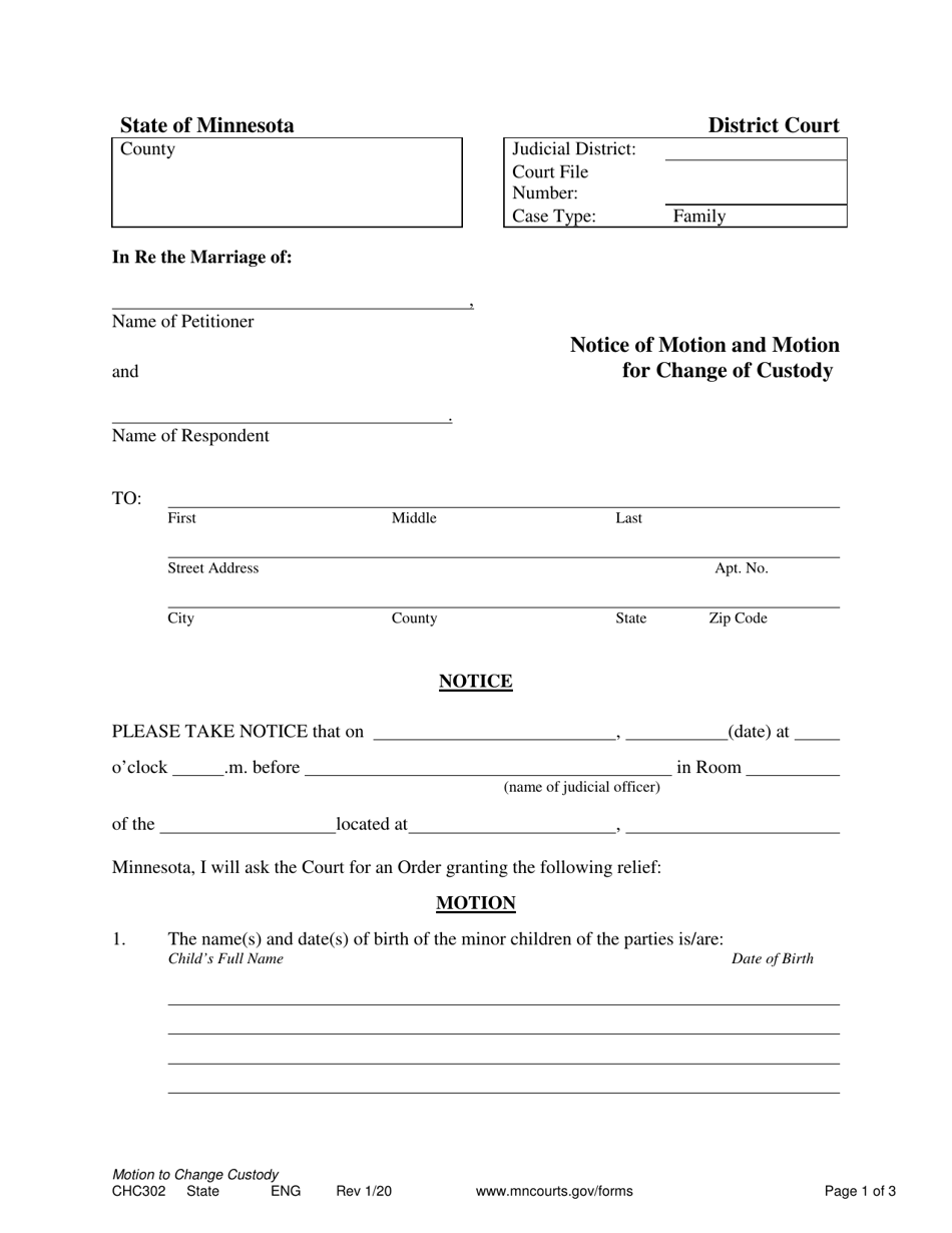Form CHC302 Notice of Motion and Motion for Change of Custody - Minnesota, Page 1