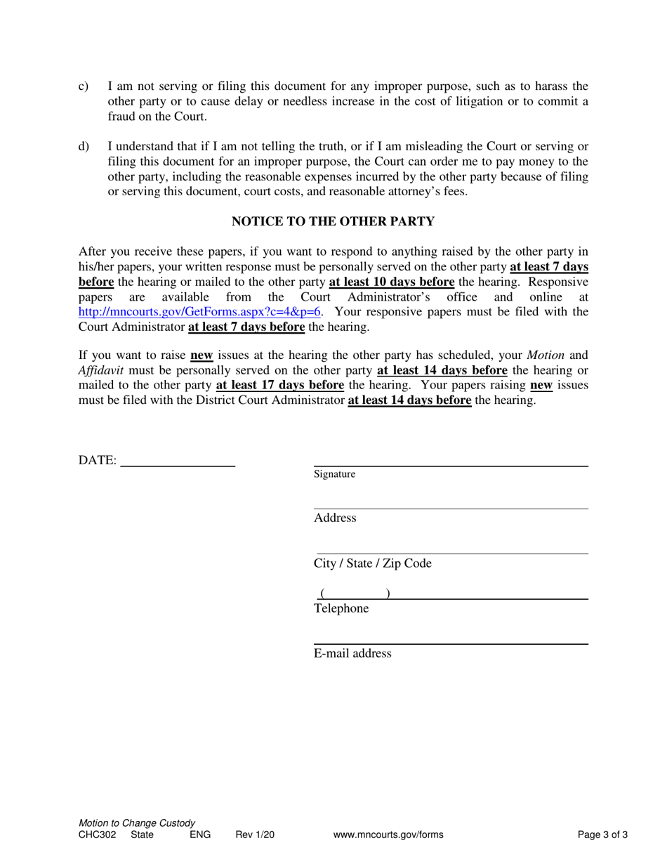 Form CHC302 Notice of Motion and Motion for Change of Custody - Minnesota, Page 3