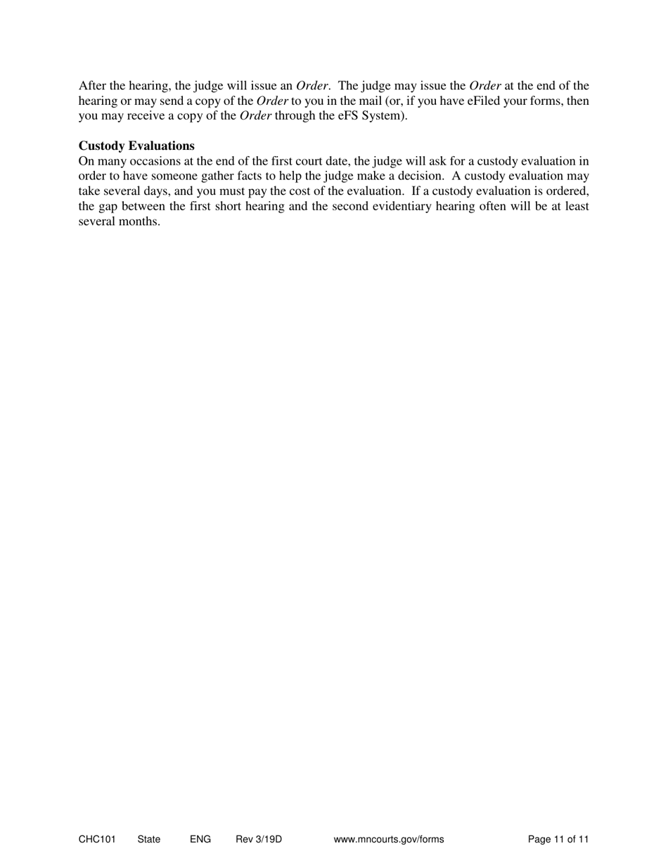 Form CHC101 Instructions - Establishing Custody and Parenting Time for Unmarried Parents Who Have Filed a Recognition of Parentage - Minnesota, Page 11