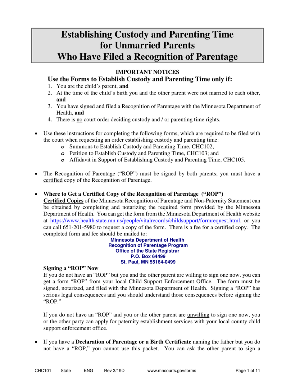 Form CHC101 Instructions - Establishing Custody and Parenting Time for Unmarried Parents Who Have Filed a Recognition of Parentage - Minnesota, Page 1