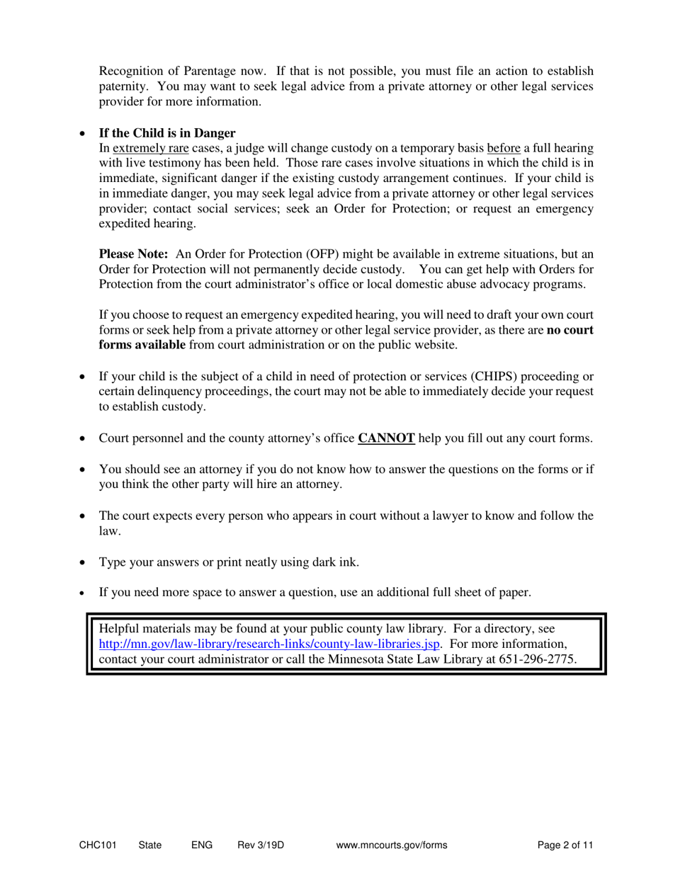 Form CHC101 Instructions - Establishing Custody and Parenting Time for Unmarried Parents Who Have Filed a Recognition of Parentage - Minnesota, Page 2