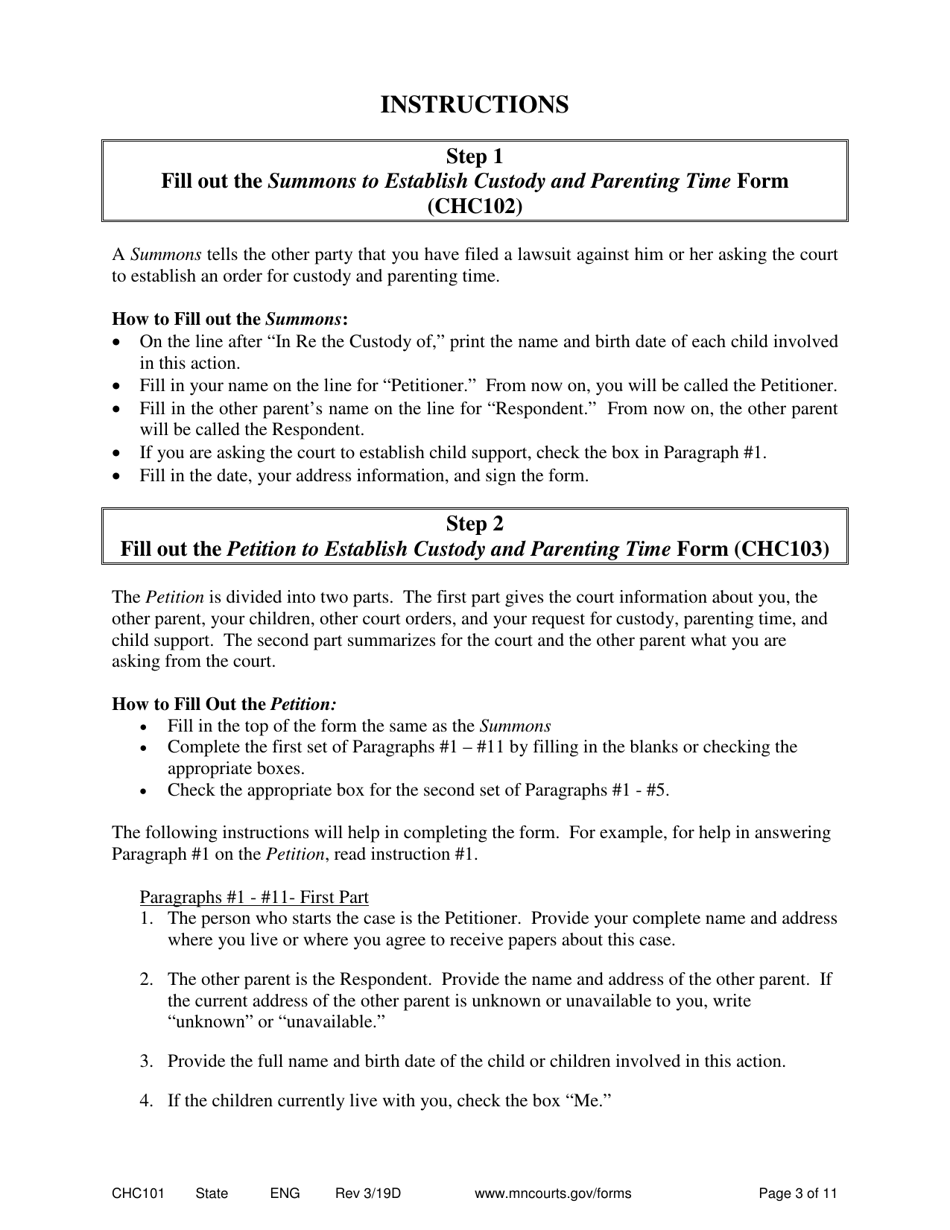 Form CHC101 Instructions - Establishing Custody and Parenting Time for Unmarried Parents Who Have Filed a Recognition of Parentage - Minnesota, Page 3
