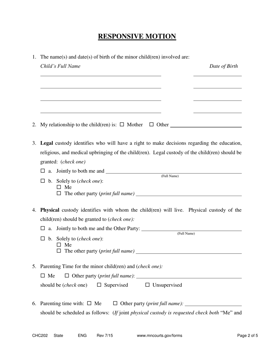 Form CHC202 Responsive Notice of Motion and Motion to Establish Child Custody and Parenting - Minnesota, Page 2