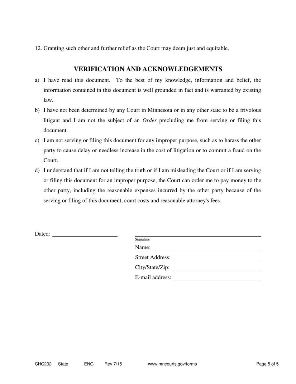 Form CHC202 Responsive Notice of Motion and Motion to Establish Child Custody and Parenting - Minnesota, Page 5