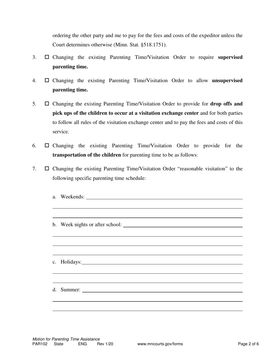 Form PAR102 Notice of Motion and Motion for Parenting Time Assistance - Minnesota, Page 2