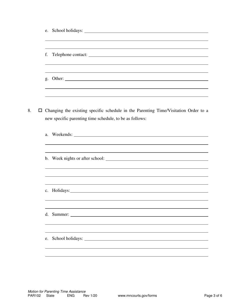 Form PAR102 Notice of Motion and Motion for Parenting Time Assistance - Minnesota, Page 3