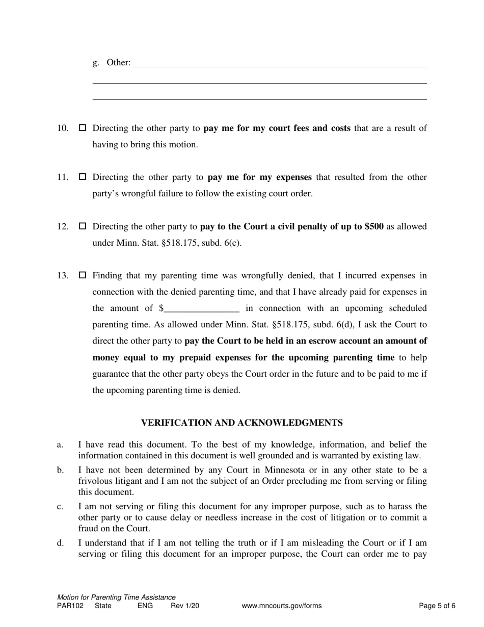 Form PAR102 Notice of Motion and Motion for Parenting Time Assistance - Minnesota, Page 5