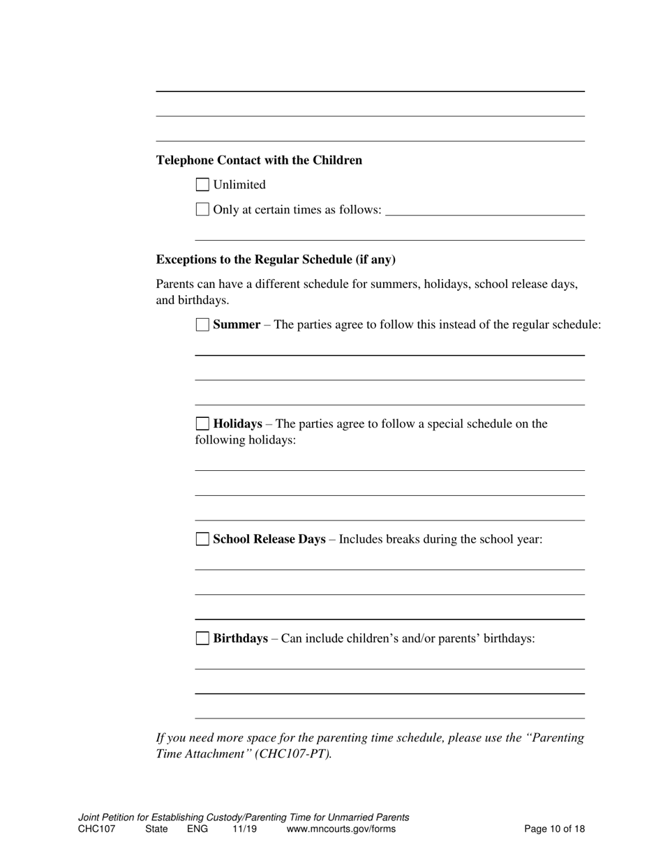 Form CHC107 Joint Petition, Agreement, and Order to Establish Custody, Parenting Time, and Child Support - Minnesota, Page 10