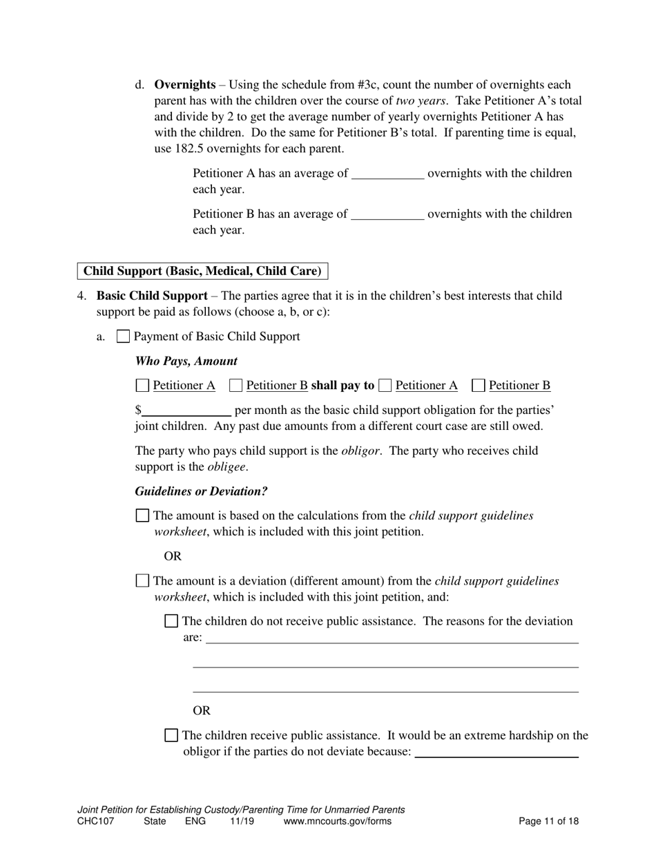 Form CHC107 Joint Petition, Agreement, and Order to Establish Custody, Parenting Time, and Child Support - Minnesota, Page 11