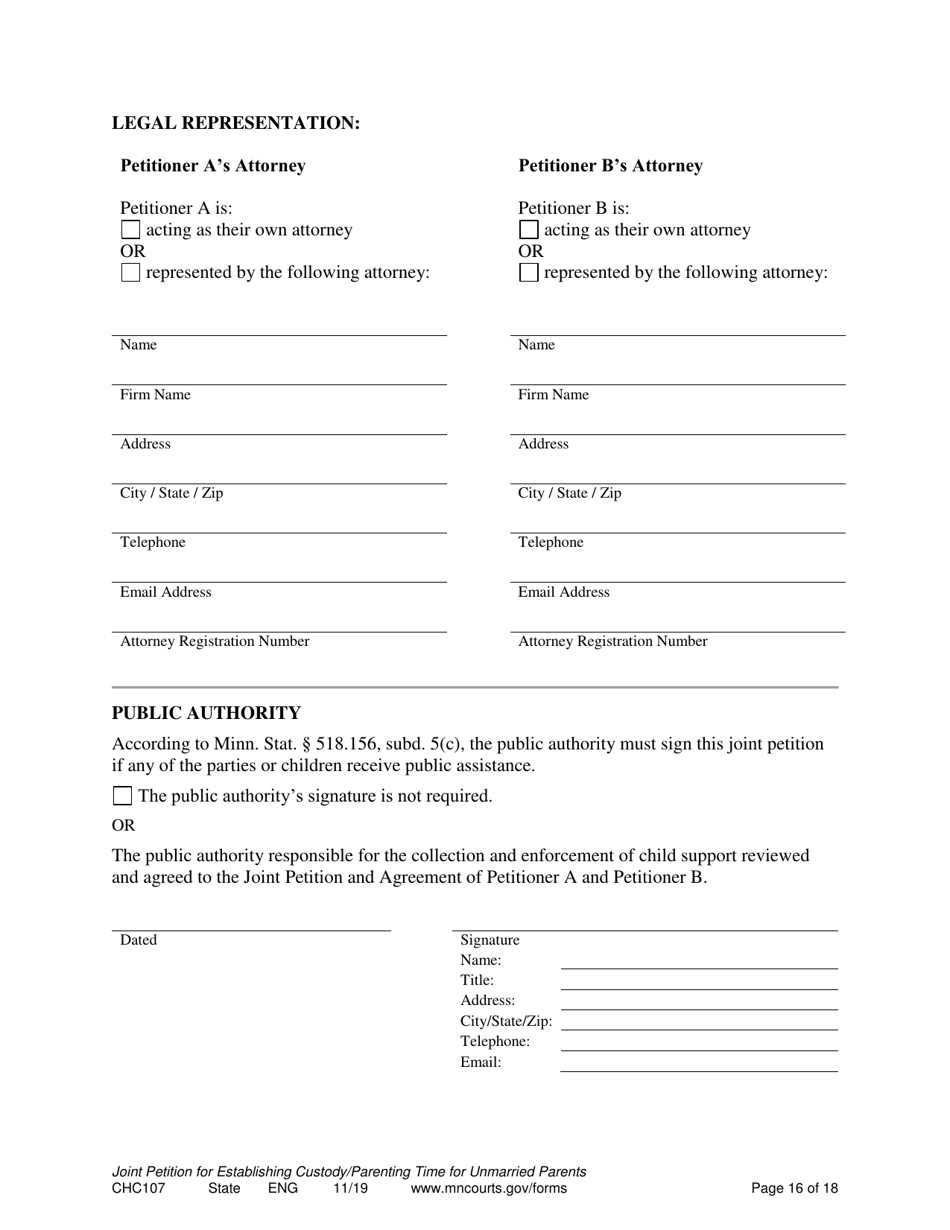 Form CHC107 Joint Petition, Agreement, and Order to Establish Custody, Parenting Time, and Child Support - Minnesota, Page 16