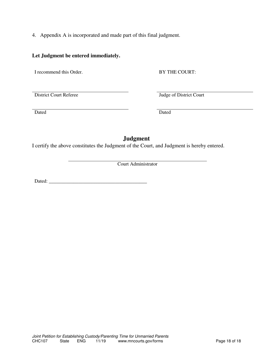 Form CHC107 Joint Petition, Agreement, and Order to Establish Custody, Parenting Time, and Child Support - Minnesota, Page 18