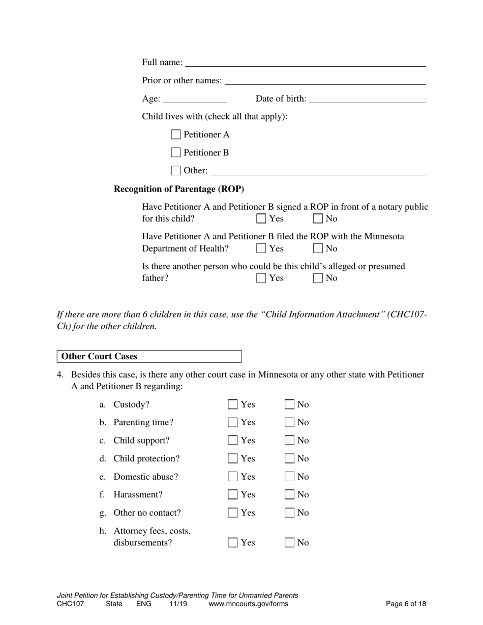Form CHC107 Joint Petition, Agreement, and Order to Establish Custody, Parenting Time, and Child Support - Minnesota, Page 6