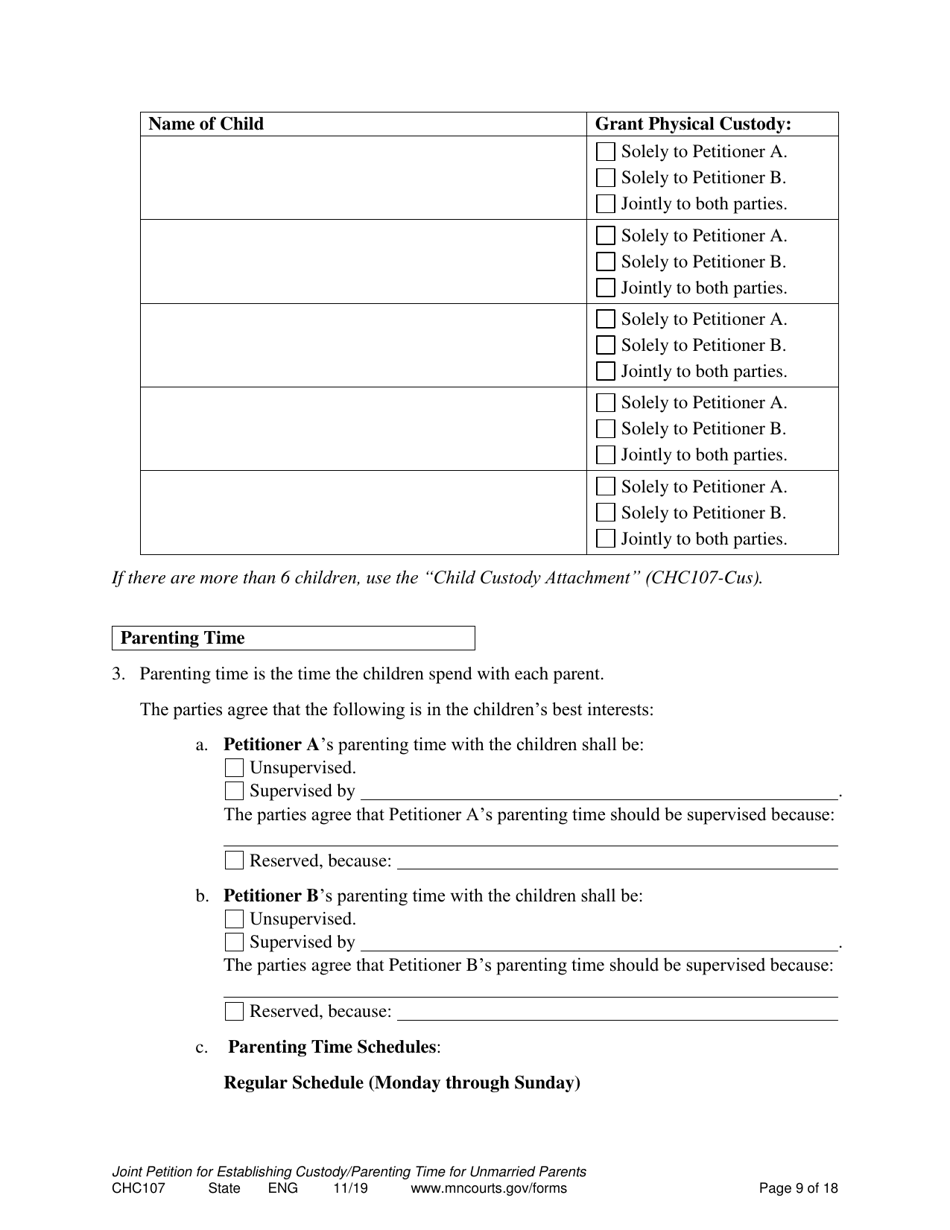 Form CHC107 Joint Petition, Agreement, and Order to Establish Custody, Parenting Time, and Child Support - Minnesota, Page 9