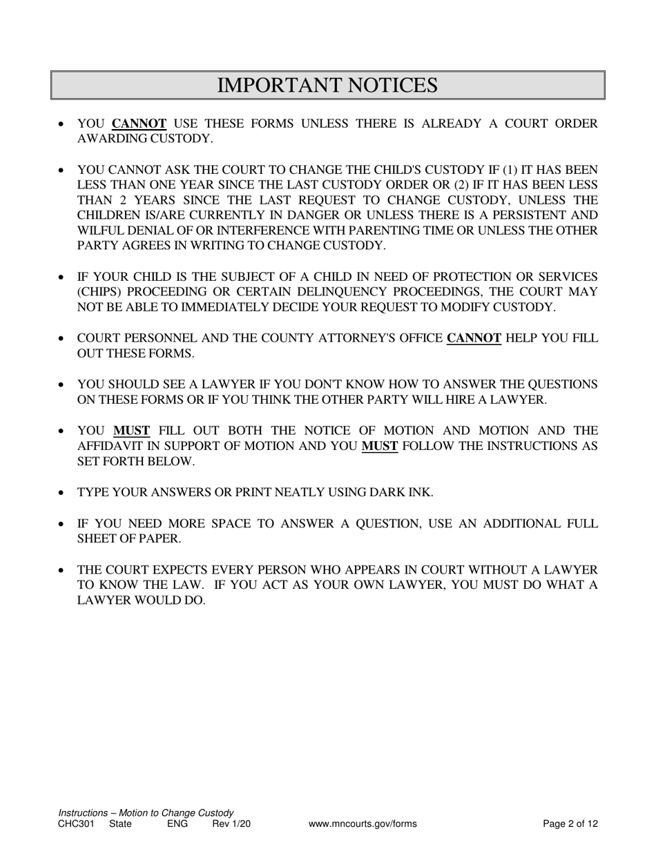 Form CHC301 Instructions - Motion to Change Custody - Minnesota, Page 2