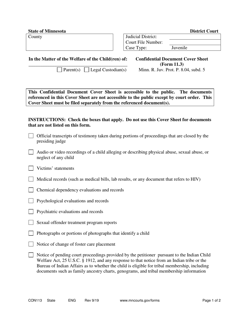 Form 11.3 (CON113) Confidential Document Cover Sheet - Minnesota, Page 1