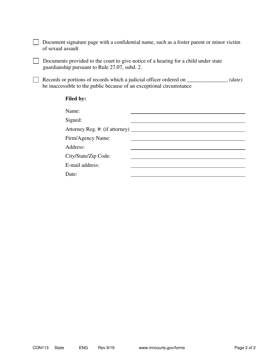Form 11.3 (CON113) Confidential Document Cover Sheet - Minnesota, Page 2