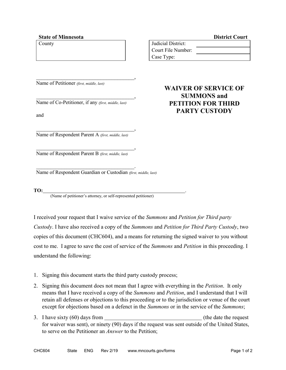 Form CHC604 Waiver of Service of Summons and Petition for Third Party Custody - Minnesota, Page 1