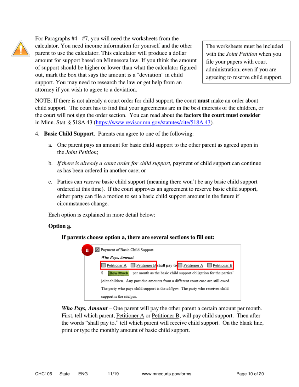Form CHC106 Instructions - Joint Petition for Establishing Child Custody, Parenting Time, and Child Support - Minnesota, Page 10