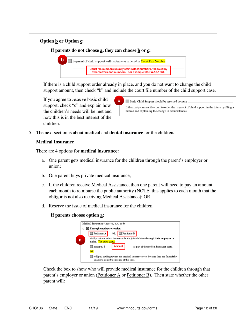 Form CHC106 Instructions - Joint Petition for Establishing Child Custody, Parenting Time, and Child Support - Minnesota, Page 12