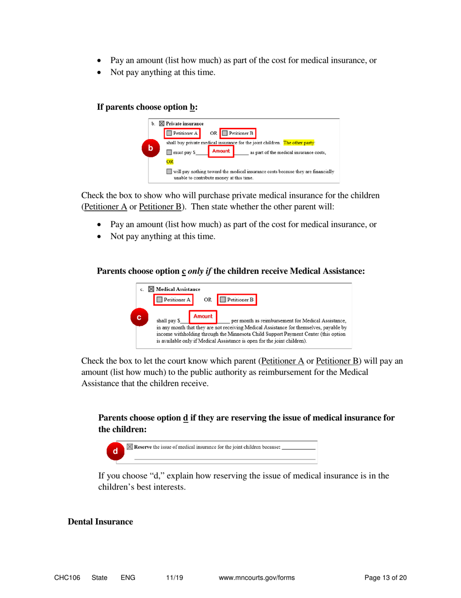 Form CHC106 Instructions - Joint Petition for Establishing Child Custody, Parenting Time, and Child Support - Minnesota, Page 13