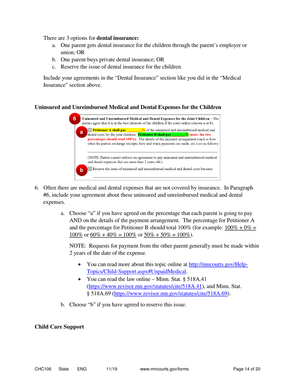 Form CHC106 Instructions - Joint Petition for Establishing Child Custody, Parenting Time, and Child Support - Minnesota, Page 14