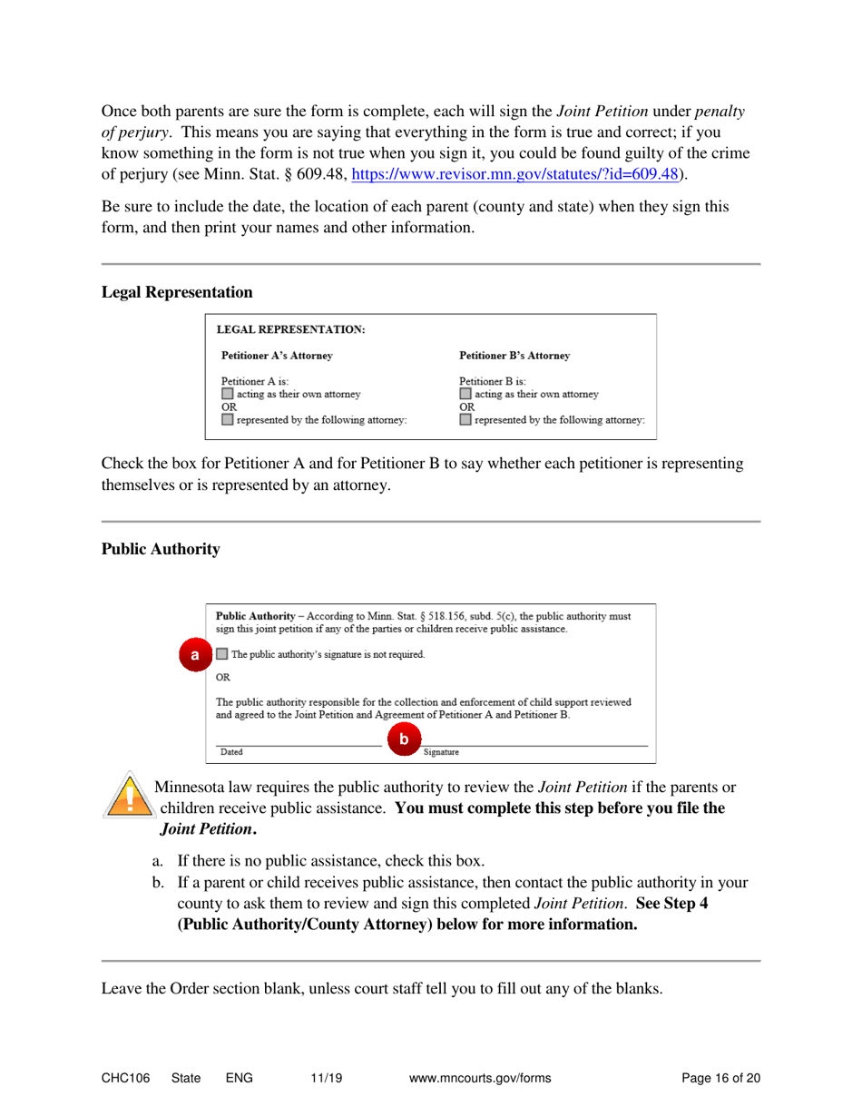 Form CHC106 Instructions - Joint Petition for Establishing Child Custody, Parenting Time, and Child Support - Minnesota, Page 16