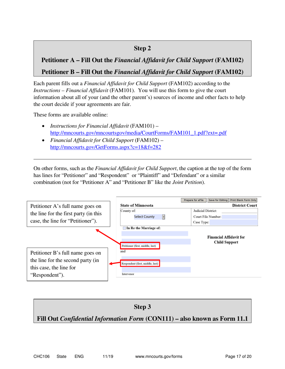 Form CHC106 Instructions - Joint Petition for Establishing Child Custody, Parenting Time, and Child Support - Minnesota, Page 17