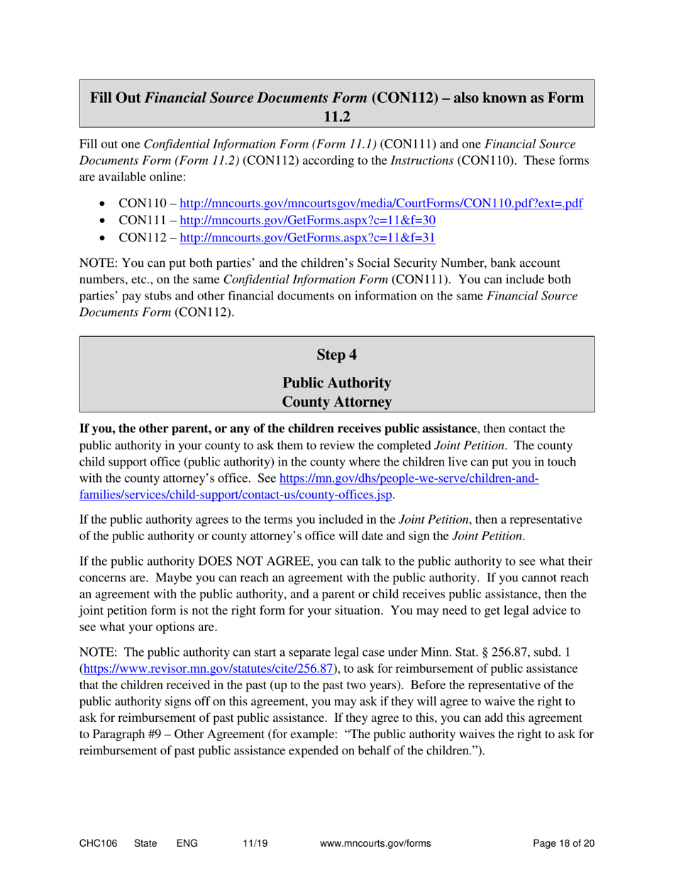 Form CHC106 Instructions - Joint Petition for Establishing Child Custody, Parenting Time, and Child Support - Minnesota, Page 18