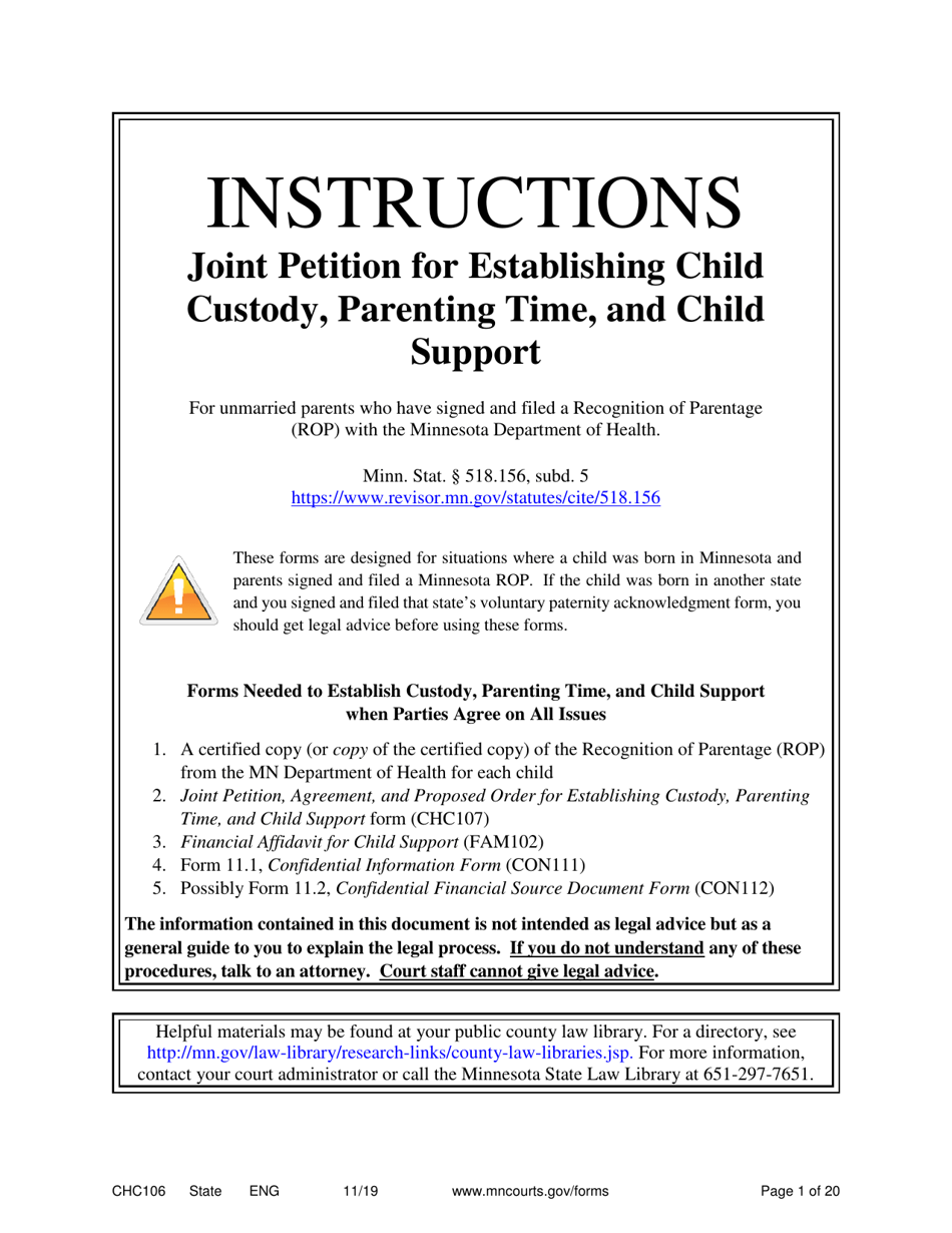 Form CHC106 Instructions - Joint Petition for Establishing Child Custody, Parenting Time, and Child Support - Minnesota, Page 1