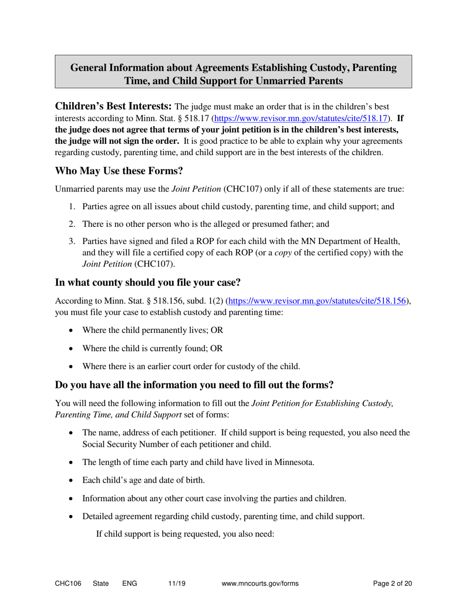 Form CHC106 Instructions - Joint Petition for Establishing Child Custody, Parenting Time, and Child Support - Minnesota, Page 2