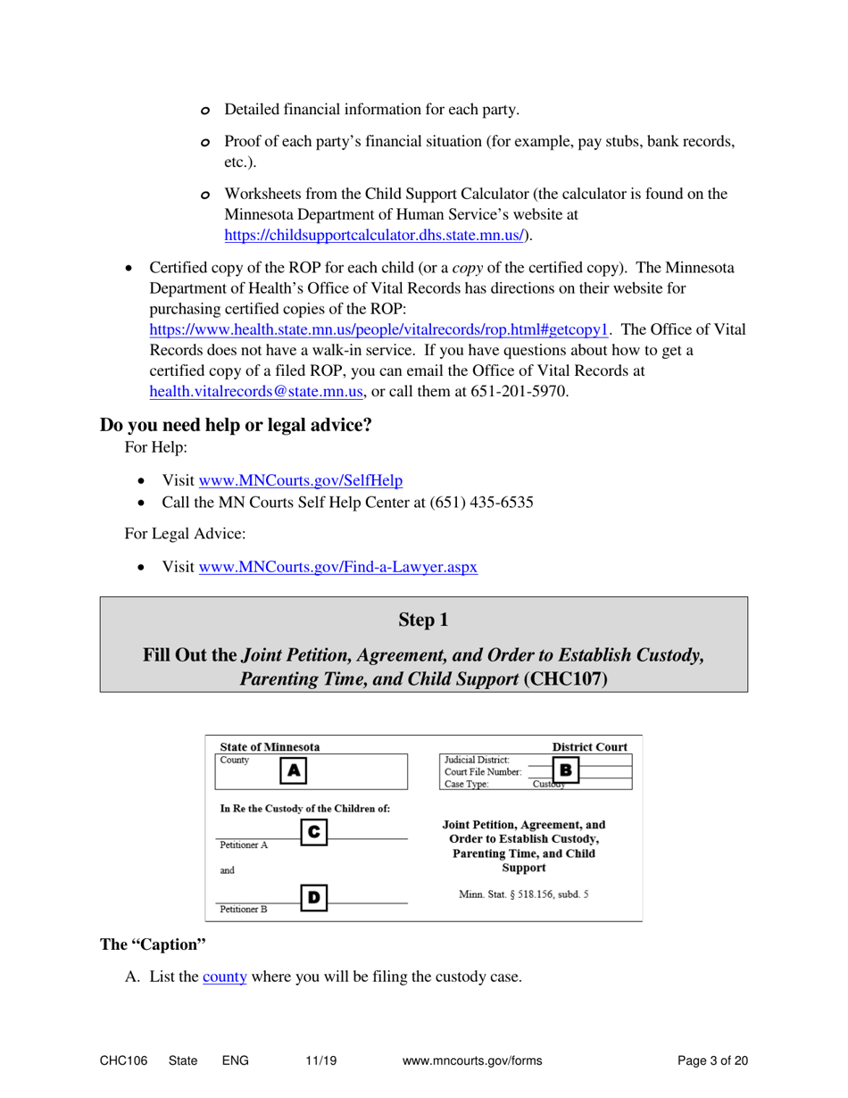 Form CHC106 Instructions - Joint Petition for Establishing Child Custody, Parenting Time, and Child Support - Minnesota, Page 3