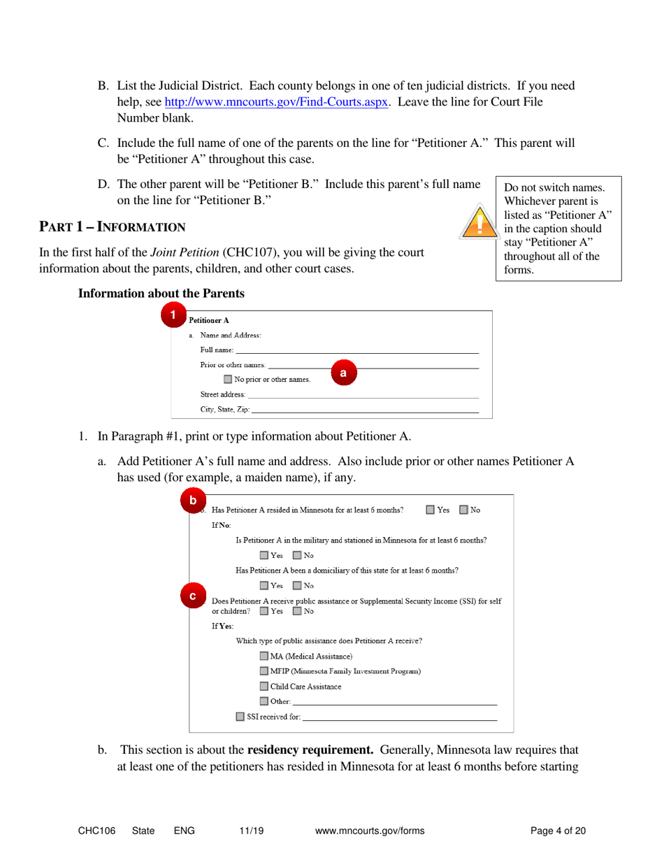 Form CHC106 Instructions - Joint Petition for Establishing Child Custody, Parenting Time, and Child Support - Minnesota, Page 4