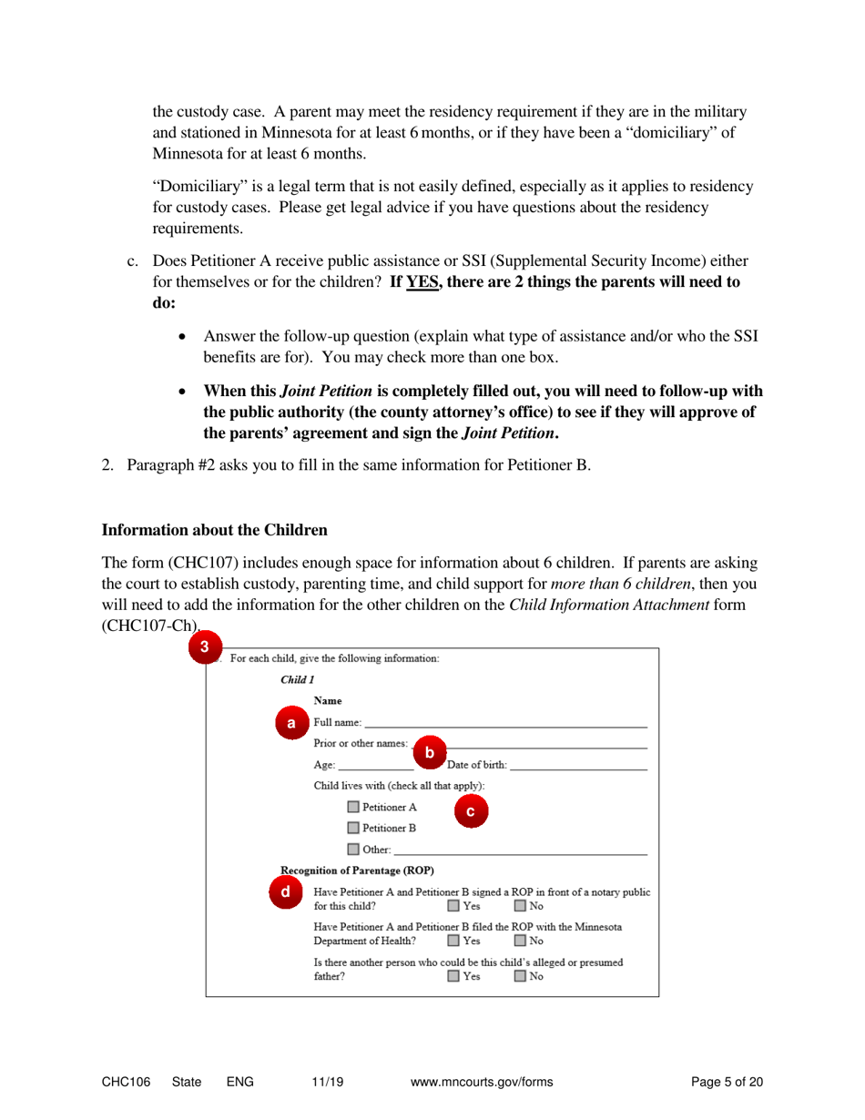 Form CHC106 Instructions - Joint Petition for Establishing Child Custody, Parenting Time, and Child Support - Minnesota, Page 5