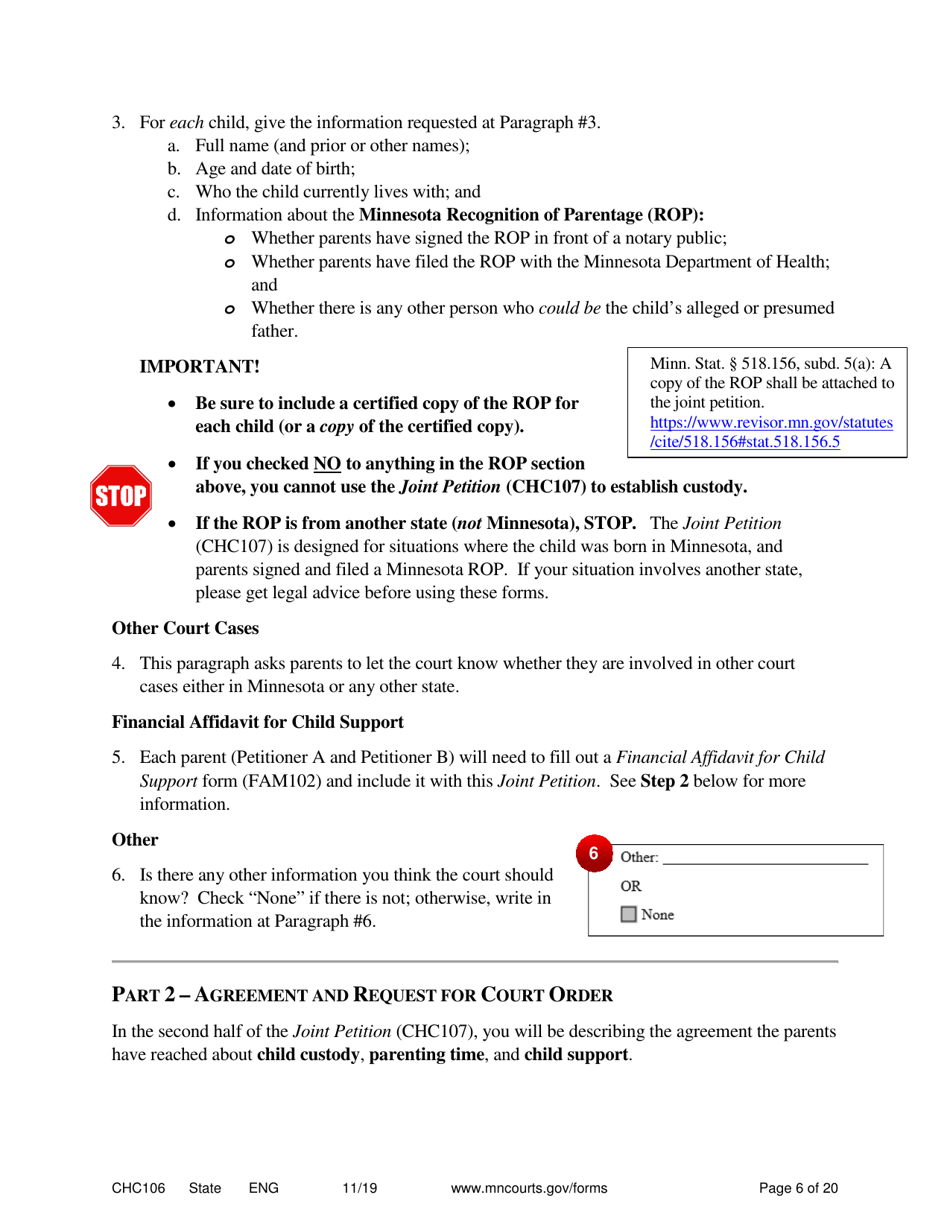 Form CHC106 Instructions - Joint Petition for Establishing Child Custody, Parenting Time, and Child Support - Minnesota, Page 6