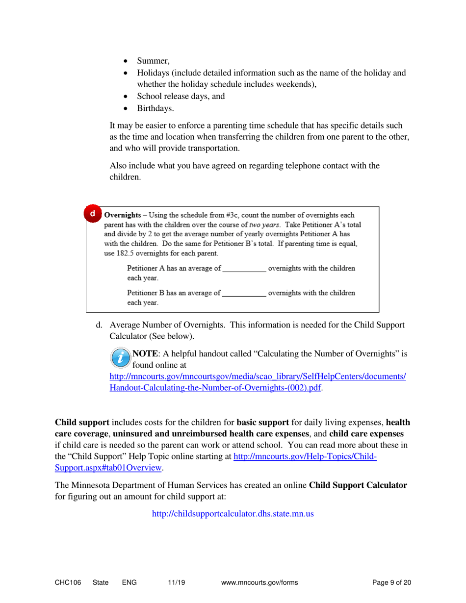 Form CHC106 Instructions - Joint Petition for Establishing Child Custody, Parenting Time, and Child Support - Minnesota, Page 9