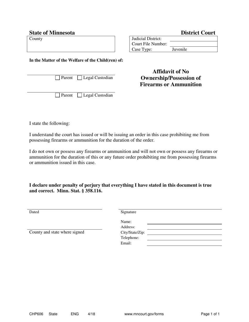 Form CHP606 Affidavit of No Ownership / Possession of Firearms or Ammunition - Minnesota, Page 1