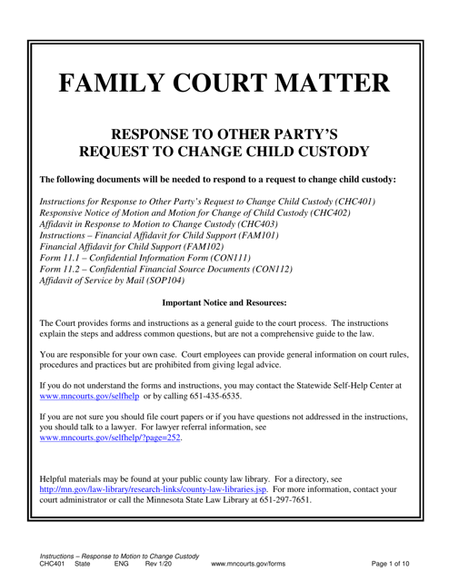 Form CHC401 Instructions - Response to Other Party's Request to Change Child Custody - Minnesota