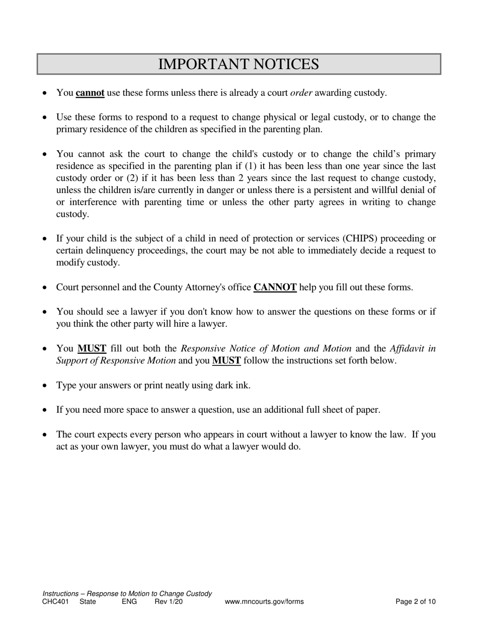 Form CHC401 Instructions - Response to Other Partys Request to Change Child Custody - Minnesota, Page 2