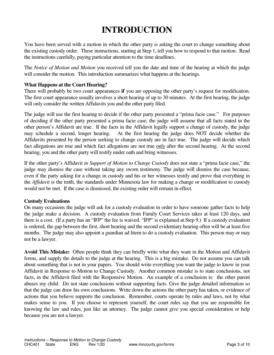Form CHC401 Instructions - Response to Other Partys Request to Change Child Custody - Minnesota, Page 3